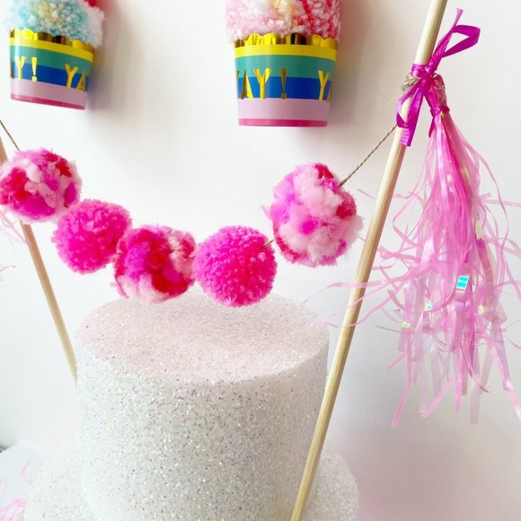 Pink Pom Pom Cake topper, Birthday Cake Topper for Girls, Tassel Cake Topper - Picture 4 of 4